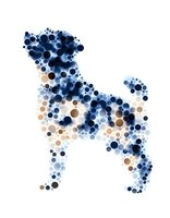 Abstract dog silhouette made of colorful circles in blue and beige tones on white background for modern pet design projects.