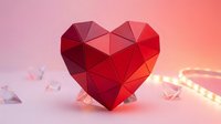 Red geometric polygonal heart shape with warm lighting and scattered crystal elements for romantic design projects and Valentine's Day concepts.