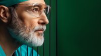 Side profile of mature bearded man wearing protective glasses and medical scrubs against green background, contemplative expression and professional demeanor.