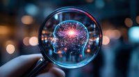 Magnifying glass focusing on glowing digital brain with neural network connections against blurred city lights background, representing artificial intelligence concept.