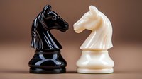 Black and white knight chess pieces facing each other on brown background, symbolizing strategy, competition and leadership in business and game concepts.