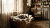 Tabby cat sleeping curled up in a wicker basket with knit blanket in a cozy rustic stone cottage interior.
