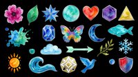 Watercolor nature and celestial elements collection isolated on transparent background, ready for clipart, t-shirt design, stickers, print-on-demand products, and sublimation crafts.