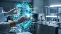 Scientist hands manipulating holographic data visualization with swirling blue energy patterns in modern laboratory setting for research and technology applications.
