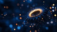 Glowing golden ring with magical sparkles and light particles floating in dark blue space, creating mystical atmosphere with bokeh effect background.