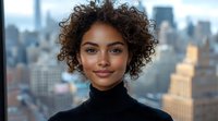Young mixed race businesswoman with natural curly hair and confident smile wearing black turtleneck against blurred urban cityscape background. Professional corporate portrait.