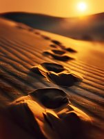 Footprints in golden sand dunes at sunset create dramatic shadows across rippled desert landscape, warm sunlight illuminating each step along sandy ridge.
