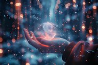 Glowing holographic sphere floating above open palm against dark blue background with magical bokeh lights and sparkles creates mystical atmosphere.