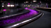Curved metallic rail with vibrant purple glitter scattered along dark surface creates dramatic contrast against blurred nighttime background with bokeh lights.