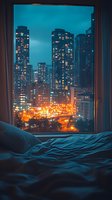 Cozy bedroom view through window of illuminated urban skyline at night with glowing skyscrapers and street lights creating atmospheric cityscape mood.