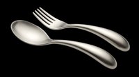 Pair of silver utensils with curved handles isolated on transparent background, ready for t-shirt designs, clipart, stickers, print-on-demand products and sublimation projects.