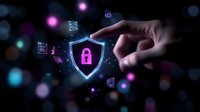 Hand reaching towards glowing security shield with lock icon surrounded by digital elements and floating technology symbols on dark background with bokeh effect.
