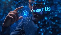 Digital contact concept with hand touching virtual lock and contact us text in glowing blue interface, perfect for business security and customer service presentations.