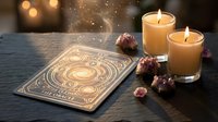 Mystical tarot card deck with burning candles and dried roses creating atmospheric fortune telling scene for spiritual guidance and divination practices.