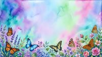 Colorful watercolor spring garden border with monarch butterflies, wildflowers and roses on pastel rainbow background for greeting cards and invitations.