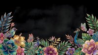 Colorful peacocks, butterflies, and tropical flowers on a dark background with copy space for text or design.