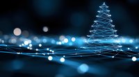 Futuristic digital Christmas tree made of glowing blue lines and dots on dark background with bokeh lights, modern holiday technology concept.