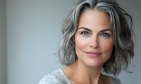 Confident mature woman with silver gray wavy bob hairstyle and natural makeup wearing white sweater smiles warmly against soft background. Professional portrait.