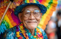 Elderly Asian man wearing colorful rainbow hat and festive attire smiling at carnival celebration, representing diversity and joy.