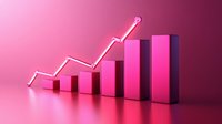 Pink ascending bar graph with glowing neon line showing growth trend on gradient background, representing business success and financial progress.