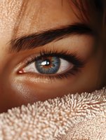 Close-up of bright blue eye with long eyelashes and defined eyebrow on tanned skin with shimmering golden powder makeup detail, artistic beauty portrait.
