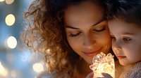 Young mixed race mother and child holding glowing crystal with magical bokeh lights creating cozy atmosphere. Tender family moment captured in warm tones.