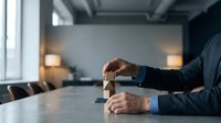 Businessman hands stacking wooden blocks in modern office conference room representing strategic planning and business growth concepts.