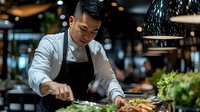 Professional Asian male chef in black apron carefully plating gourmet dish in modern restaurant kitchen with warm lighting and fresh ingredients visible.