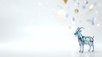 Colorful geometric goat standing in profile with abstract polygonal shapes and confetti particles floating above on white background for festive celebrations.