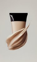 Liquid foundation cream splash with dynamic fabric-like texture in nude beige tone against neutral background, cosmetic product packaging design concept.
