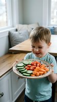 Happy young Caucasian boy holding plate of fresh vegetables including cucumbers, cherry tomatoes and carrots in bright modern kitchen for healthy eating.