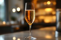 Elegant flute glass of sparkling champagne with rising bubbles on blurred warm background with bokeh lights, luxury celebration atmosphere.