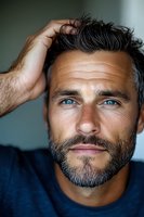 Portrait of mature Caucasian male with striking blue eyes, salt and pepper beard, and styled dark hair running fingers through hair. Soft natural lighting highlights facial features.