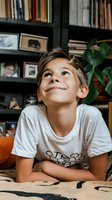 Caucasian boy in white t-shirt lying on bed looking up with dreamy expression against bookshelf background, capturing genuine childhood wonder and imagination.