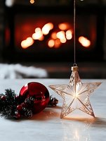 Glowing star ornament with red Christmas ball and pine cones on white surface against warm bokeh background creates festive holiday atmosphere.