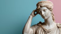 Classical marble sculpture of graceful female figure with braided hair and draped clothing against duotone background in turquoise and pink, artistic composition.