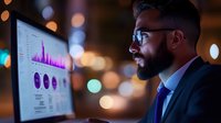 Professional businessman analyzing financial data charts and graphs on computer screen in modern office environment with city lights background at night.