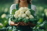 Woman farmer holding fresh white cauliflower with green leaves in vegetable garden, organic farming and harvest concept for agriculture and food production.
