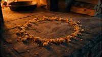 Cinnamon powder arranged in circle on rustic wooden surface with warm lighting, suitable for culinary, spice, and food styling projects.