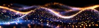 Glowing wave of sparkling particles flowing on dark background with golden and blue light trails creating magical abstract panoramic effect.