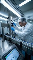 Male scientist in sterile production facility operating pharmaceutical manufacturing equipment with blue vials on conveyor belt in clean room environment.