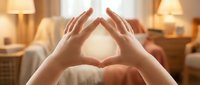 Hands forming heart shape in cozy living room with warm lighting creating romantic atmosphere for love and home comfort concepts.