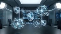 Futuristic cybersecurity interface with holographic shields and digital protection elements in modern tech control room environment.