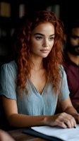Young Caucasian woman with curly red hair working at desk in modern office environment. Professional businesswoman focused on paperwork and documents.