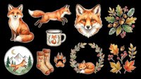 Watercolor fox clipart set isolated on transparent background, featuring cute foxes, autumn leaves, paw prints, mug, socks, and wreath for stickers, t-shirts, print on demand.
