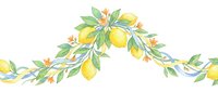 Lemon branches with yellow fruits and green leaves arranged in an arch garland design for botanical illustrations, wedding invitations, and decorative borders.