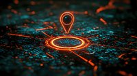 Glowing orange location pin marker with digital circuit pattern on dark turquoise background, futuristic navigation concept for technology and GPS applications.