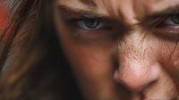 Close-up portrait of angry young Caucasian woman with intense blue eyes and furrowed brow showing frustration and rage emotions for psychology concepts.