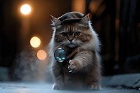 Fluffy cat in beret holding glowing alien pendant against dark background with bokeh lights and mysterious fog creating supernatural atmosphere.
