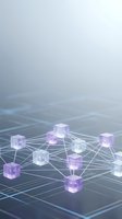 Blockchain network with glowing purple cubes connected by white lines on digital grid surface representing cryptocurrency and distributed technology.